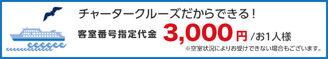 チャータークルーズだからできる！客室番号指定代金お一人様につき3000円！空室状況によりお受けできない場合もございます。